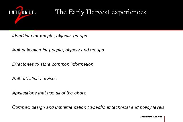 The Early Harvest experiences Identifiers for people, objects, groups Authentication for people, objects and