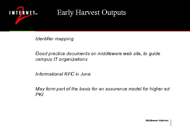 Early Harvest Outputs Identifier mapping Good practice documents on middleware web site, to guide