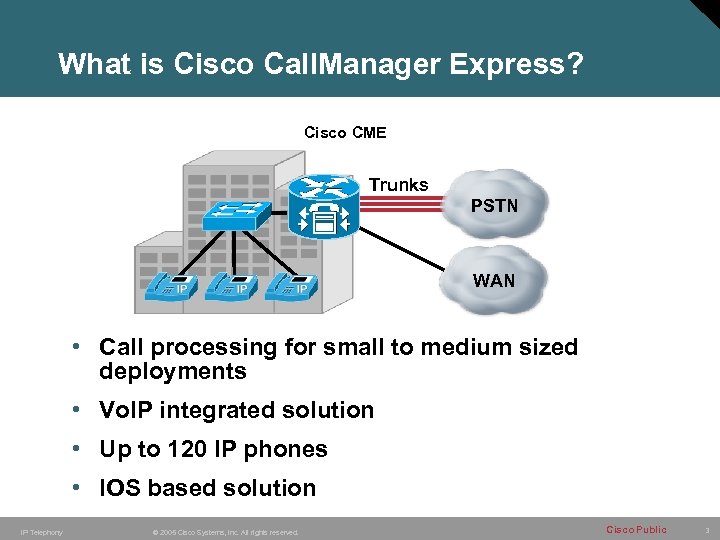 What is Cisco Call. Manager Express? Cisco CME Trunks PSTN WAN • Call processing