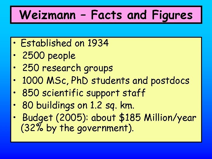 Weizmann – Facts and Figures • • Established on 1934 2500 people 250 research