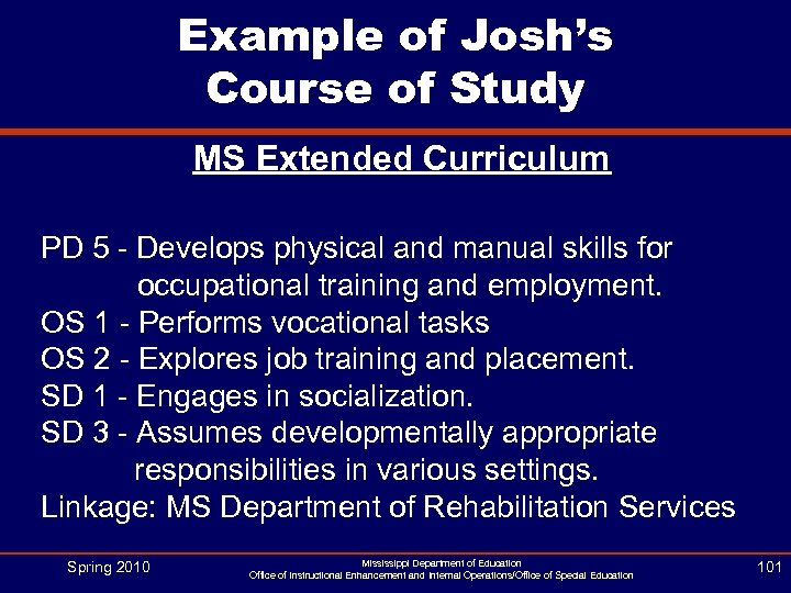 Example of Josh’s Course of Study MS Extended Curriculum PD 5 - Develops physical