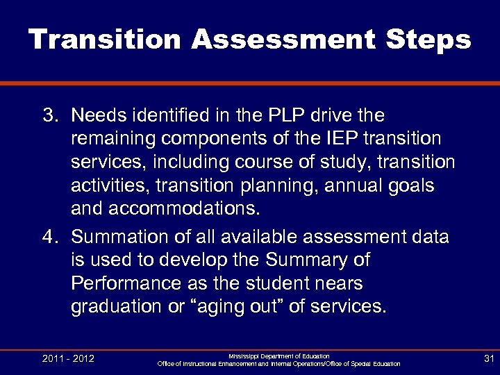 Transition Assessment Steps 3. Needs identified in the PLP drive the remaining components of