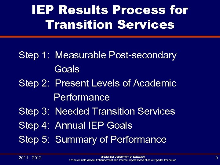 IEP Results Process for Transition Services Step 1: Measurable Post-secondary Goals Step 2: Present