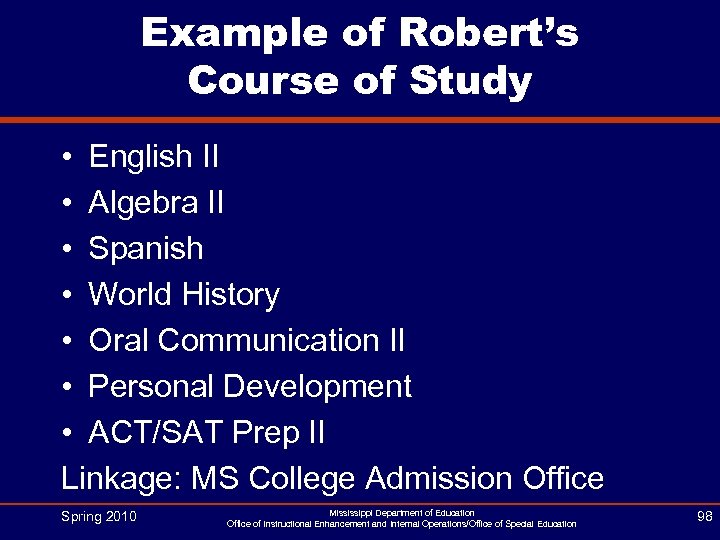 Example of Robert’s Course of Study • English II • Algebra II • Spanish