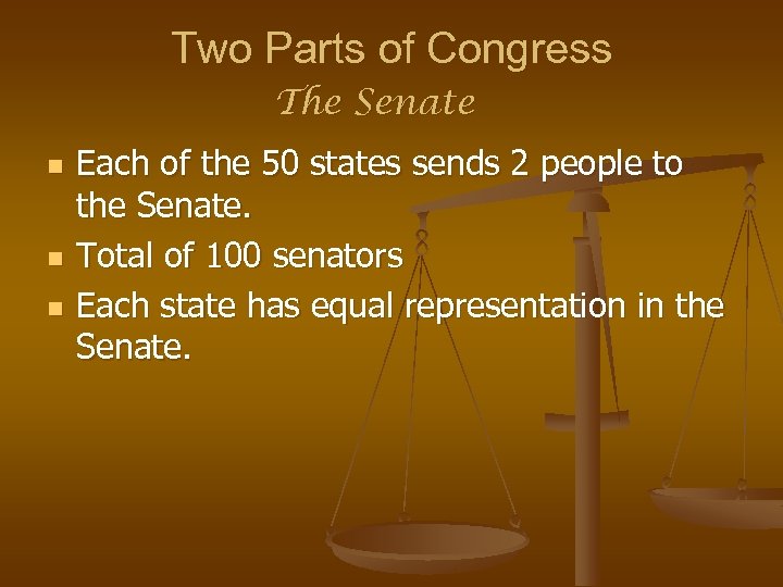 Two Parts of Congress The Senate n n n Each of the 50 states