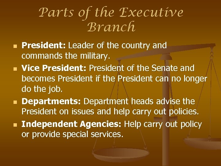 Parts of the Executive Branch n n President: Leader of the country and commands