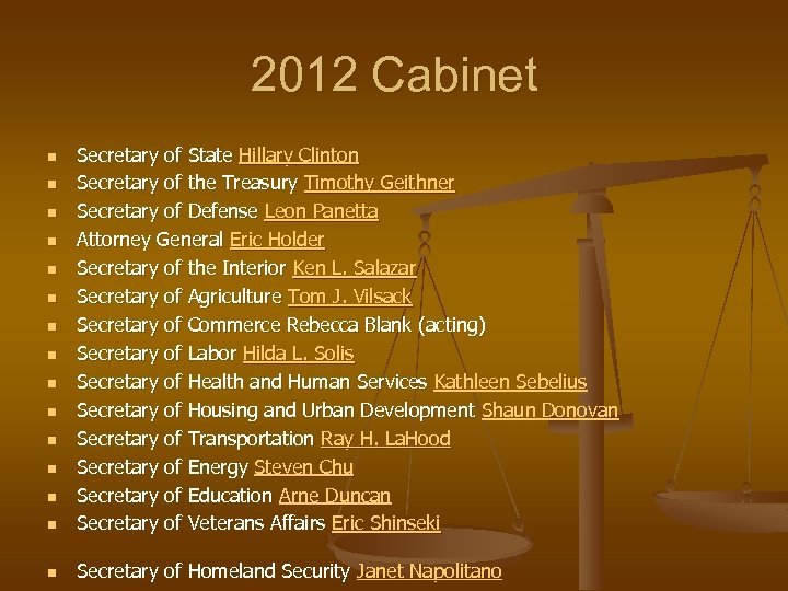 2012 Cabinet n Secretary of State Hillary Clinton Secretary of the Treasury Timothy Geithner