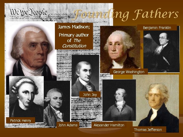 Founding Fathers James Madison; Benjamin Franklin Primary author of The Constitution George Washington John