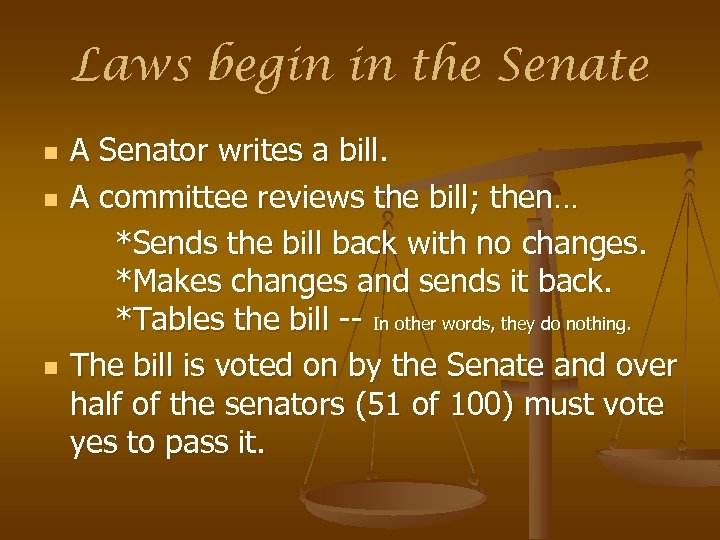 Laws begin in the Senate n n n A Senator writes a bill. A