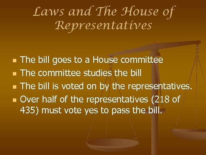 Laws and The House of Representatives n n The bill goes to a House