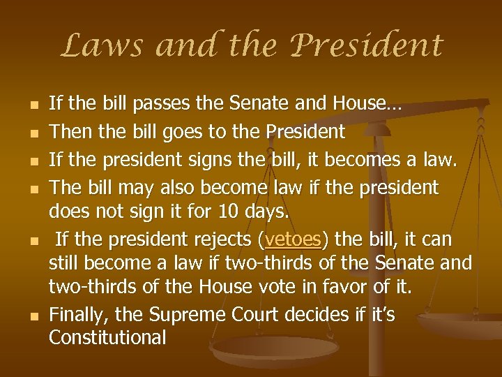 Laws and the President n n n If the bill passes the Senate and