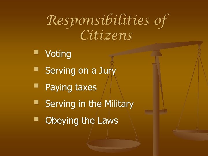 Responsibilities of Citizens § § § Voting Serving on a Jury Paying taxes Serving