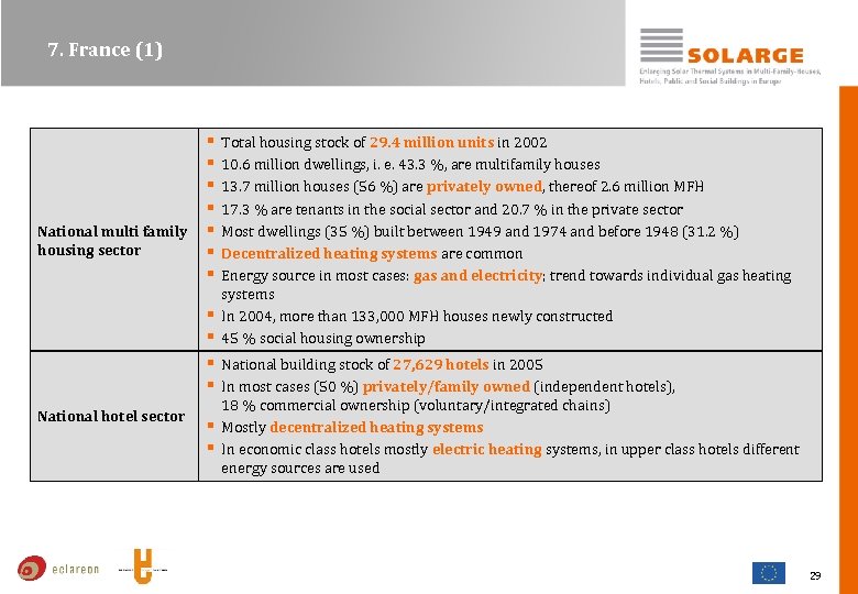 7. France (1) National multi family housing sector § Total housing stock of 29.