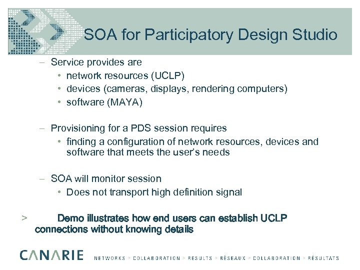 SOA for Participatory Design Studio – Service provides are • network resources (UCLP) •