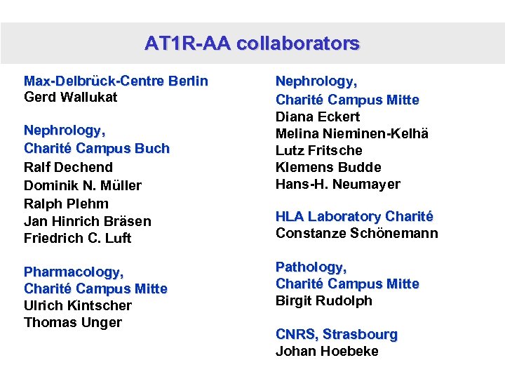 AT 1 R-AA collaborators Max-Delbrück-Centre Berlin Gerd Wallukat Nephrology, Charité Campus Buch Ralf Dechend