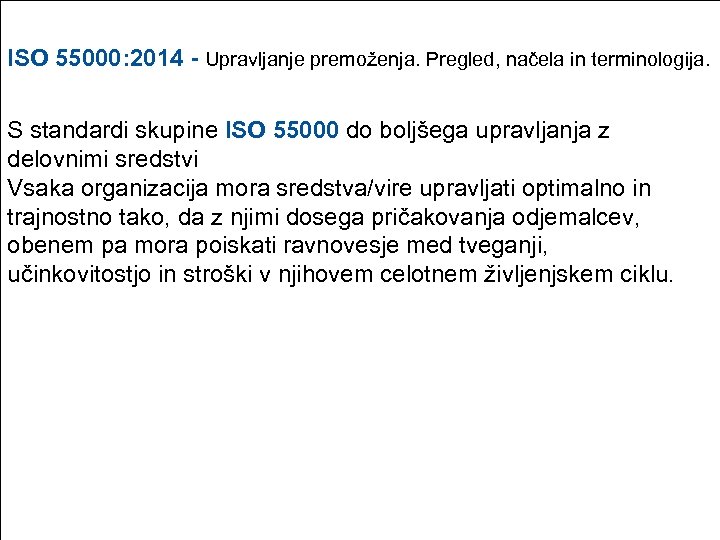ISO 55000: 2014 - Upravljanje premoženja. Pregled, načela in terminologija. S standardi skupine ISO