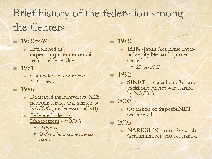 Brief history of the federation among the Centers 1968～ 69 Established as supercomputer centers