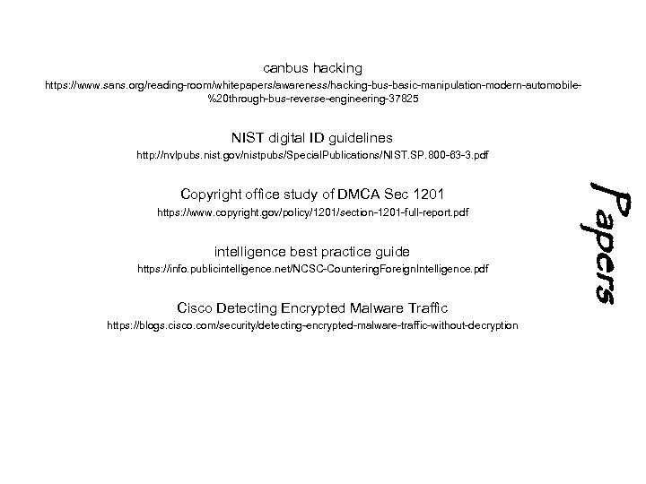 canbus hacking https: //www. sans. org/reading-room/whitepapers/awareness/hacking-bus-basic-manipulation-modern-automobile%20 through-bus-reverse-engineering-37825 NIST digital ID guidelines http: //nvlpubs. nist.