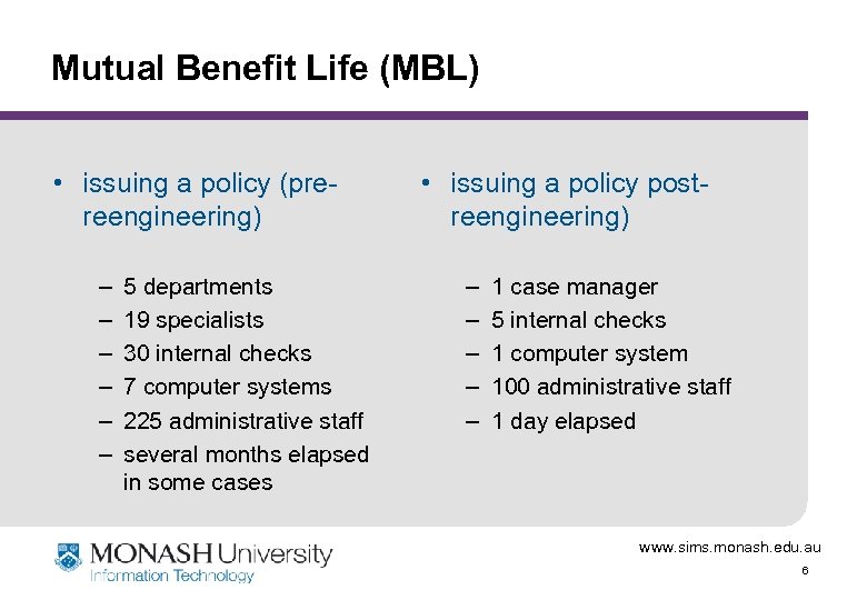 Mutual Benefit Life (MBL) • issuing a policy (prereengineering) – – – 5 departments