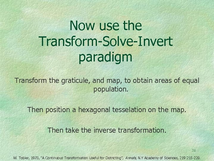 Now use the Transform-Solve-Invert paradigm Transform the graticule, and map, to obtain areas of