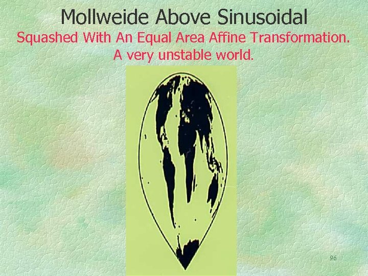 Mollweide Above Sinusoidal Squashed With An Equal Area Affine Transformation. A very unstable world.