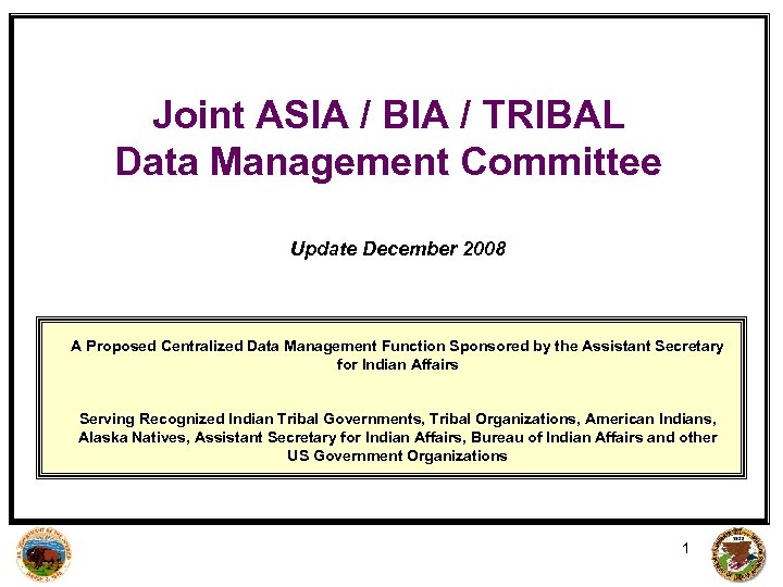 Joint ASIA / BIA / TRIBAL Data Management Committee Update December 2008 A Proposed