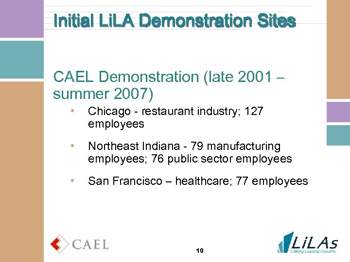 Initial Li. LA Demonstration Sites CAEL Demonstration (late 2001 – summer 2007) • Chicago