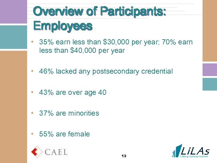 Overview of Participants: Employees • 35% earn less than $30, 000 per year; 70%