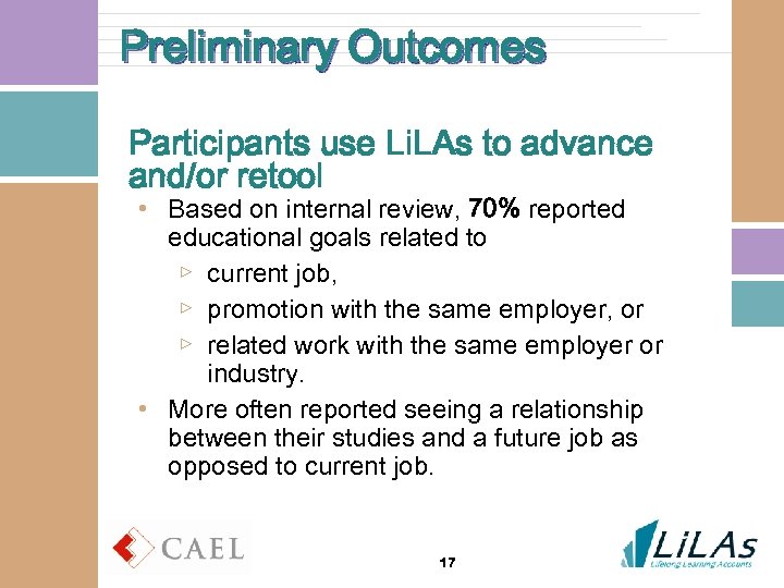 Preliminary Outcomes Participants use Li. LAs to advance and/or retool • Based on internal