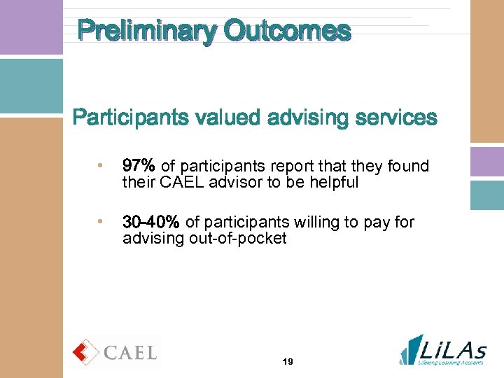 Preliminary Outcomes Participants valued advising services • 97% of participants report that they found