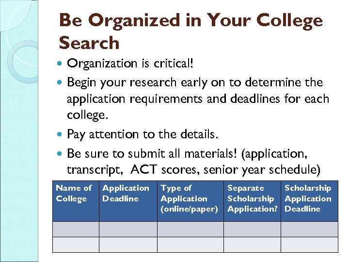 Be Organized in Your College Search Organization is critical! Begin your research early on
