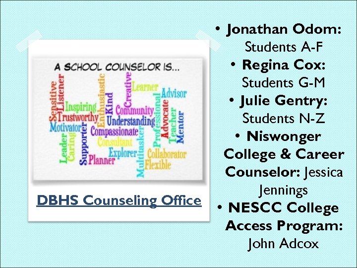  • Jonathan Odom: Students A-F • Regina Cox: Students G-M • Julie Gentry: