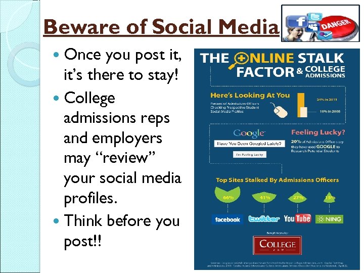 Beware of Social Media Once you post it, it’s there to stay! College admissions