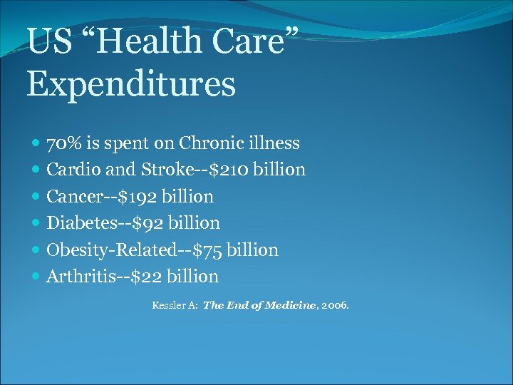 US “Health Care” Expenditures 70% is spent on Chronic illness Cardio and Stroke--$210 billion