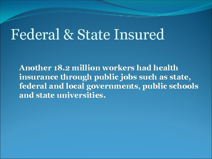 Federal & State Insured Another 18. 2 million workers had health insurance through public