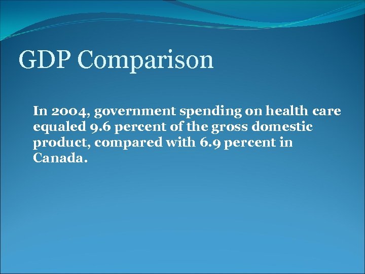 GDP Comparison In 2004, government spending on health care equaled 9. 6 percent of