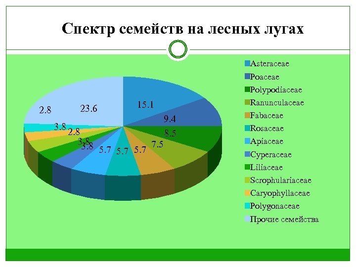 Спектр семейств на лесных лугах 2. 8 23. 6 3. 8 2. 8 3.