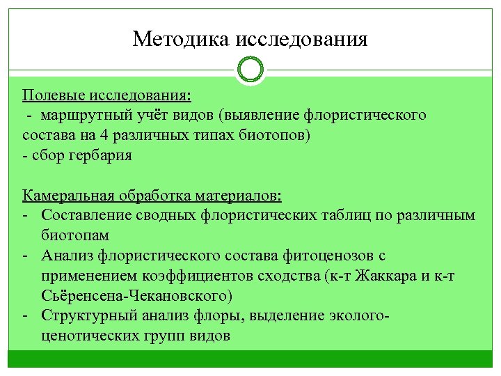 Методика исследования Полевые исследования: - маршрутный учёт видов (выявление флористического состава на 4 различных
