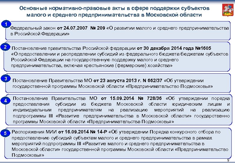 Основные нормативно-правовые акты в сфере поддержки субъектов малого и среднего предпринимательства в Московской области