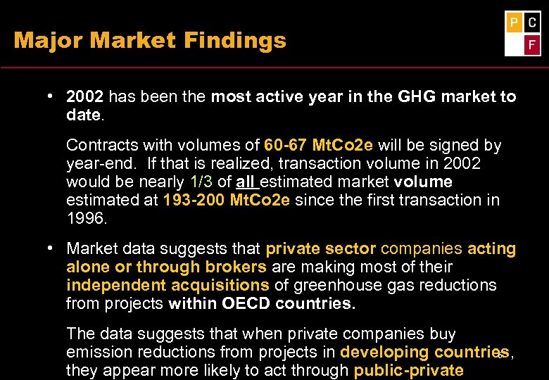 Major Market Findings • 2002 has been the most active year in the GHG