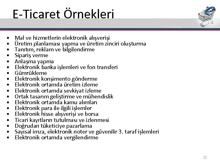 E-Ticaret Örnekleri • • • • • Mal ve hizmetlerin elektronik alışverişi Üretim planlaması