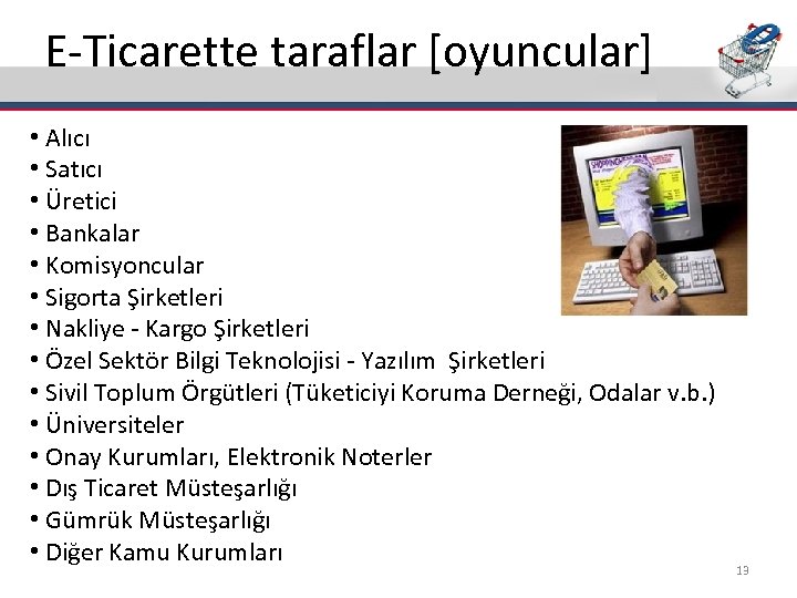 E-Ticarette taraflar [oyuncular] • Alıcı • Satıcı • Üretici • Bankalar • Komisyoncular •