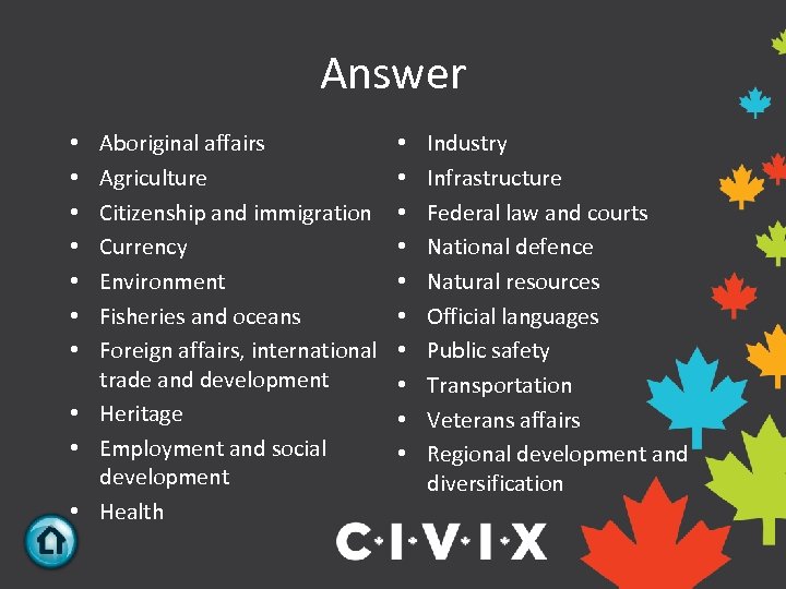 Answer Aboriginal affairs Agriculture Citizenship and immigration Currency Environment Fisheries and oceans Foreign affairs,