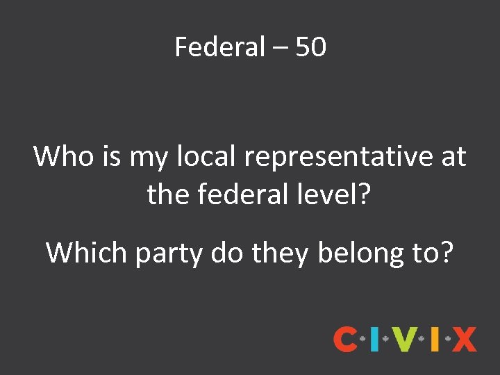 Federal – 50 Who is my local representative at the federal level? Which party