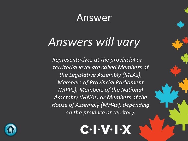 Answers will vary Representatives at the provincial or territorial level are called Members of