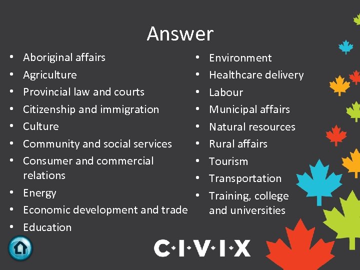 Answer Aboriginal affairs Agriculture Provincial law and courts Citizenship and immigration Culture Community and