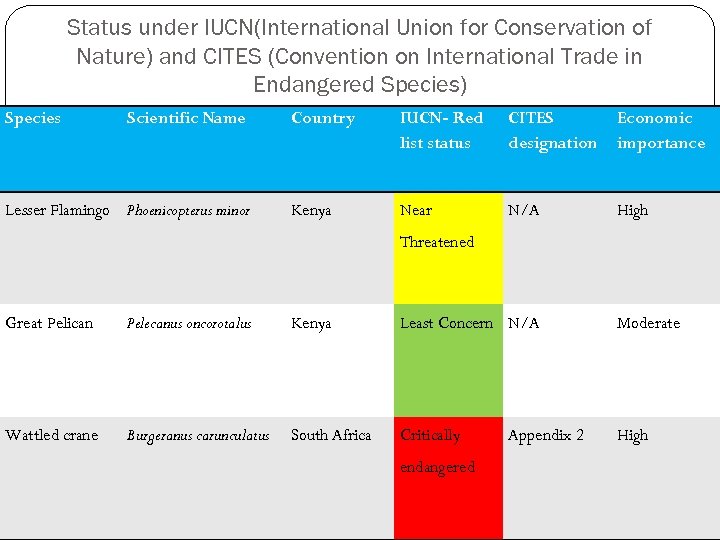 Status under IUCN(International Union for Conservation of Nature) and CITES (Convention on International Trade