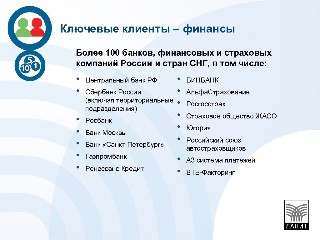Ключевые клиенты – финансы Более 100 банков, финансовых и страховых компаний России и стран
