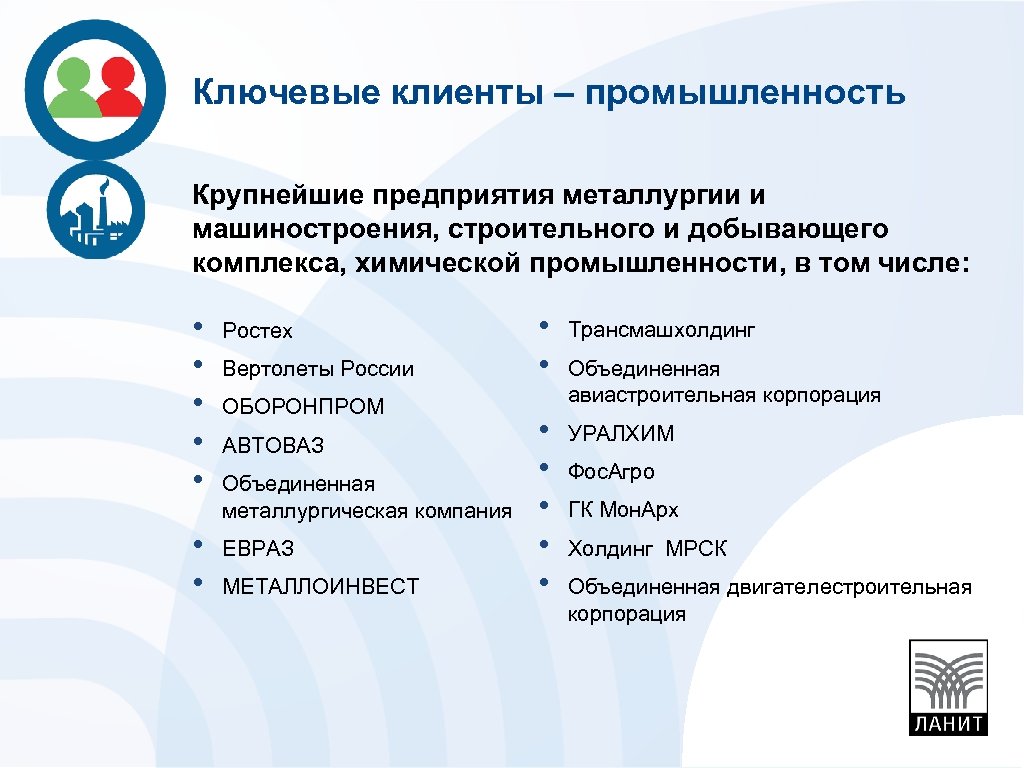 Ключевые клиенты – промышленность Крупнейшие предприятия металлургии и машиностроения, строительного и добывающего комплекса, химической