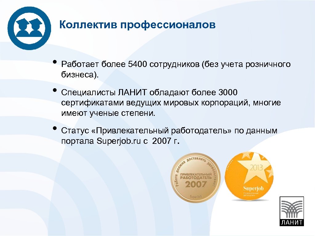 Коллектив профессионалов • Работает более 5400 сотрудников (без учета розничного бизнеса). • Специалисты ЛАНИТ